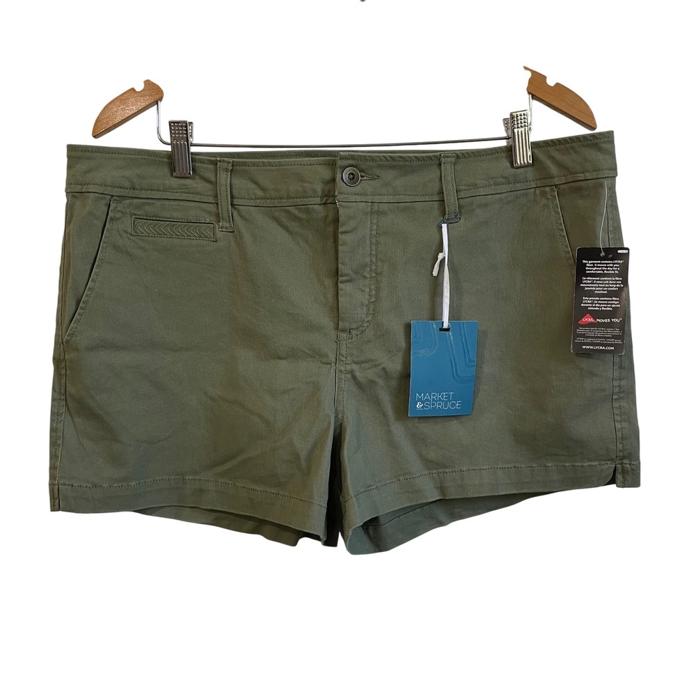 Market & Spruce Elicia Embroidered Pocket Olive Green Chino Shorts Size 16‎ NWT